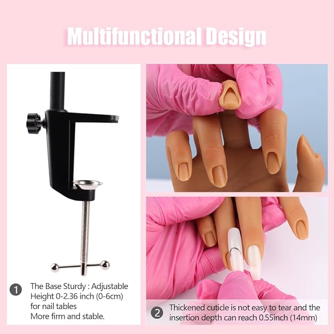 Silicone Practice Hand for Acrylic Nails, Mannequin Hands for Nails Practice with Adjustable Bracket, Life Size Fake Hand for DIY Nails/Nail Art Beginners/Nail Salon Artists
