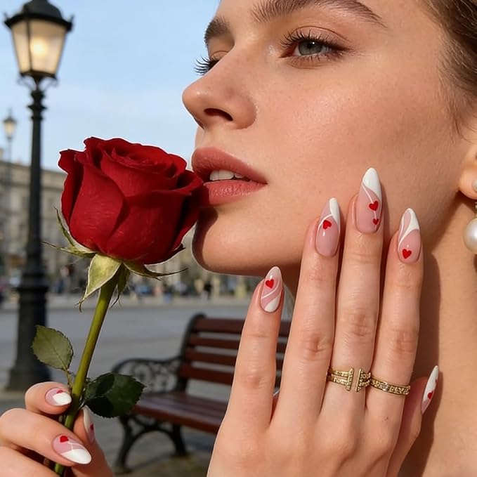 Valentines Day Press on Nails - Red Love Heart Fake Nails - Almond False Nails Press ons - French Tip Acrylic Glue on Nail - Artificial Stick on Nail for Women Manicure 24 Pcs