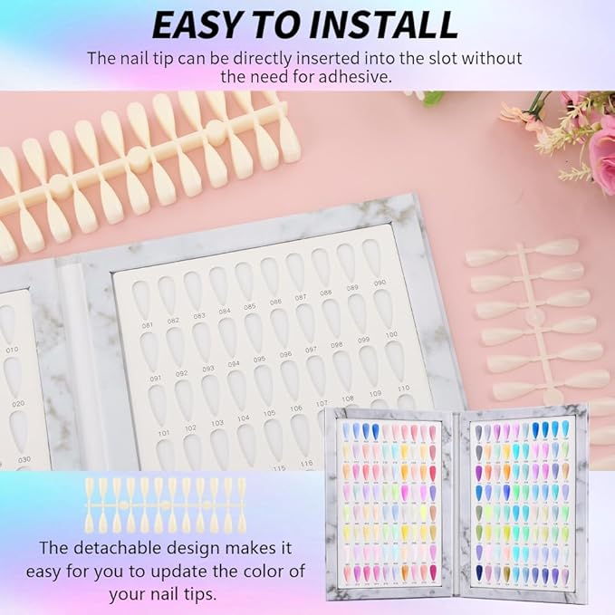 160 Nail Color Book, Professional Nail Color Display Book with 240 N-ail Tips & 1-200 Number Stickers Labels 3 Dual-Ended Nai-l Art Pen, Nai-l Salon Display Booklet(COLOR:White)