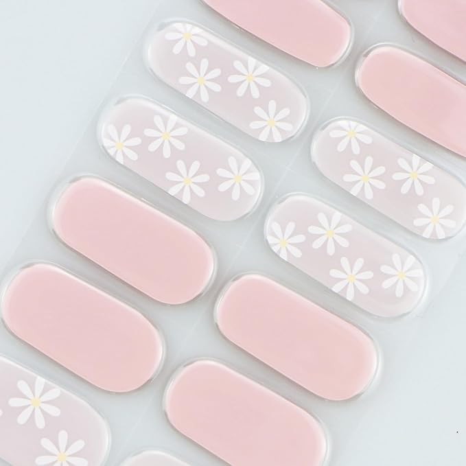JMEOWIO Gel Nail Stickers Flower Pink Semi Cured Gel Nail Strips Wraps UV/LED Nails Art Design Decoration Accessories