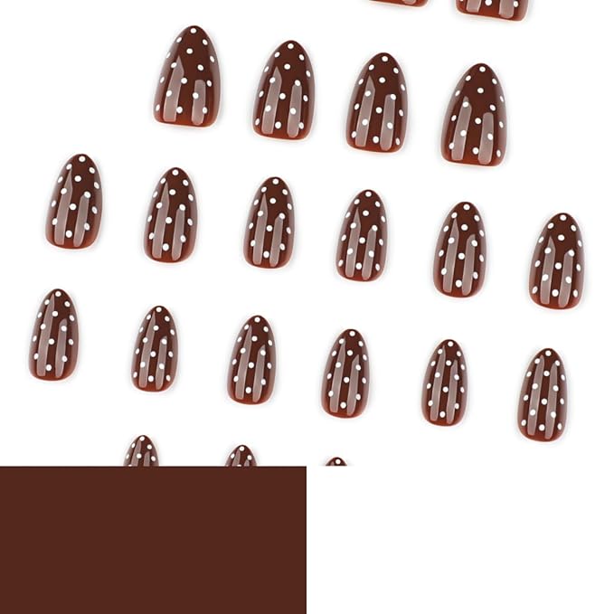 Polka Dot Press on Nails Short Almond Fake Nails Brown Nails Fall Winter False Nails Press ons with Polka Dots Design Glossy Acrylic Full Cover Reusable Stick on Nail for Women Girls Manicure 24Pcs
