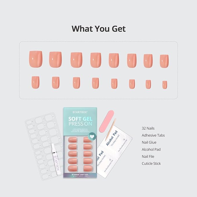 BTArtbox Press On Nails Square - Peach Orange Short Press On Nails with Glue for Women, Opaque Soft Gel Glue On Nails in 16 Sizes - 32 Stick On Nails Kit, Sunset Skip