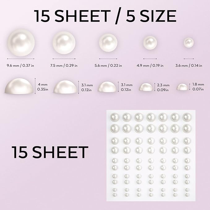 1050 PCS Pearl Stickers Self Adhesive，Nicpro 5 Size Stick On Makeup Pearl Gem Jewels Decor for Face, Body, Nail, Hair, Phone Art Craft Scrapbooking Embellishments, Size 4mm/5mm/6mm/8mm/10mm