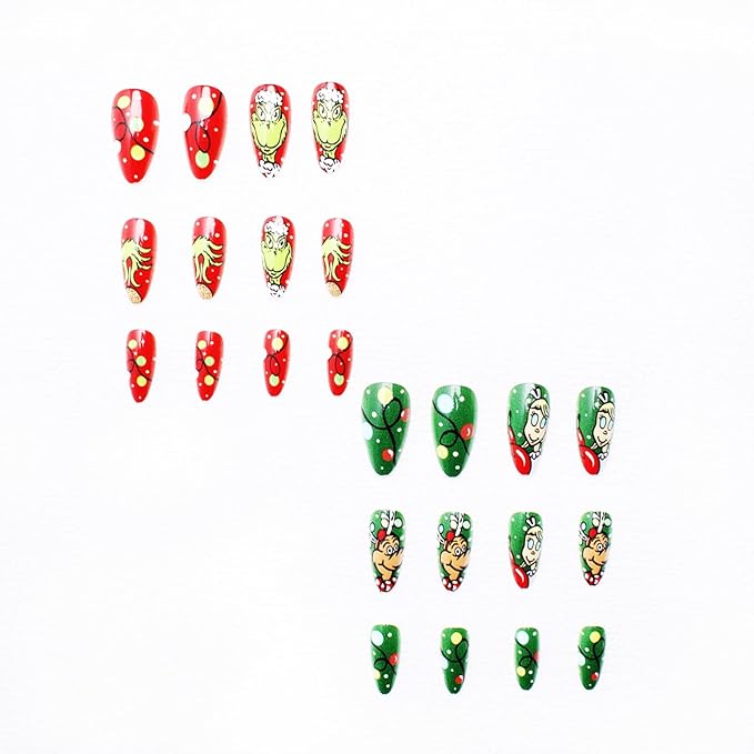 24 Pcs Christmas Medium Almond Press on Nails with Xmas Cartoon Green Monster and Dog Designs Red Green Glossy Acrylic Nails Cute Christmas Nails Full Cover Stick on Nails for Women DIY Manicure