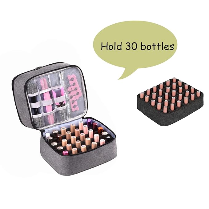 Nail Polish Organizer - Holds 30 Bottles & Nail Lamp, Double-Layer Nail Organizers and Storage, Nail Polish Bag with Handle Nail Travel Case for Nail Tech (Grey)