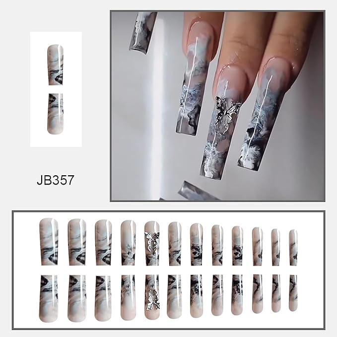 Long Coffin Press on Nails Y2K With 3D Butterfly Designs Black and White Full Cover Nude Acrylic False Nails for Women 24 Pcs