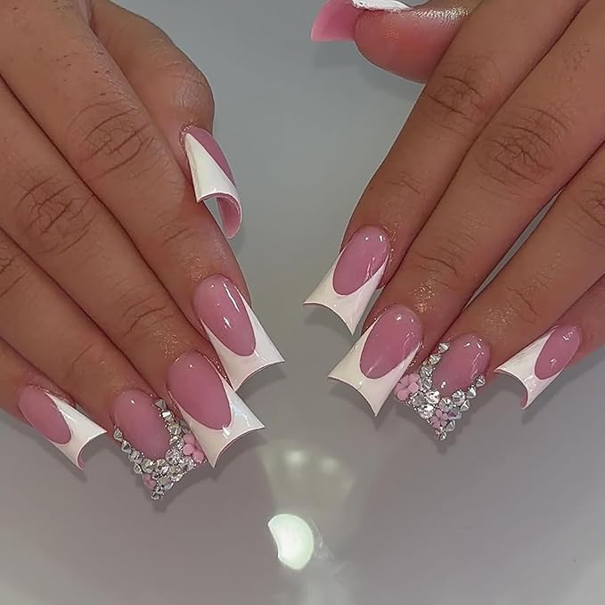Handmade French Tip Fake Nails - Pink Full Cover Diamond Flower Designs, Glossy Glue On Nails for Women & Girls