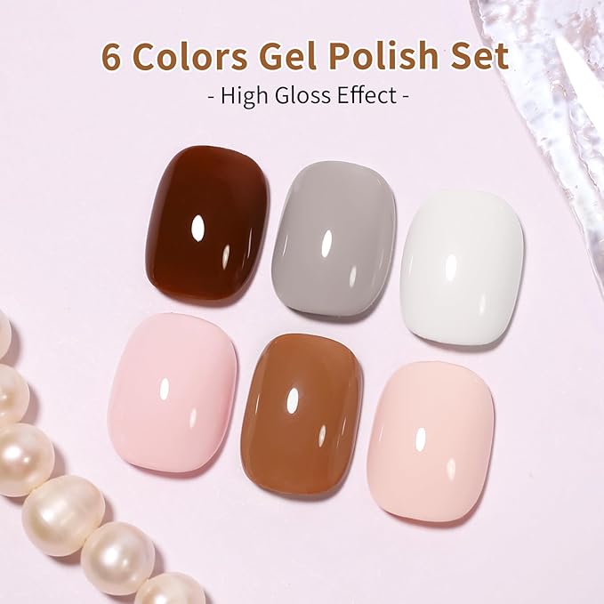 10ml Hema Free Gel Nail Polish Set, 6 Colors Gel Polish Kit Pink White Skin Tones Neutral Brown Manicure for Nail Art DIY and Salon Gift for Women Girl