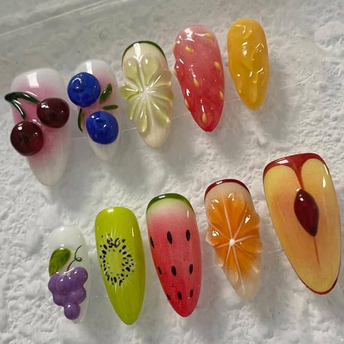 Press On Nails - Medium Almond Handmade Unique Fake Nails, Fruit Style Art Design, Thick Acrylic and Muti-Layer Gel False Nails, Reusable Gel Cured Sturdier 3D Fake Nails with Nails Kit (Size M)