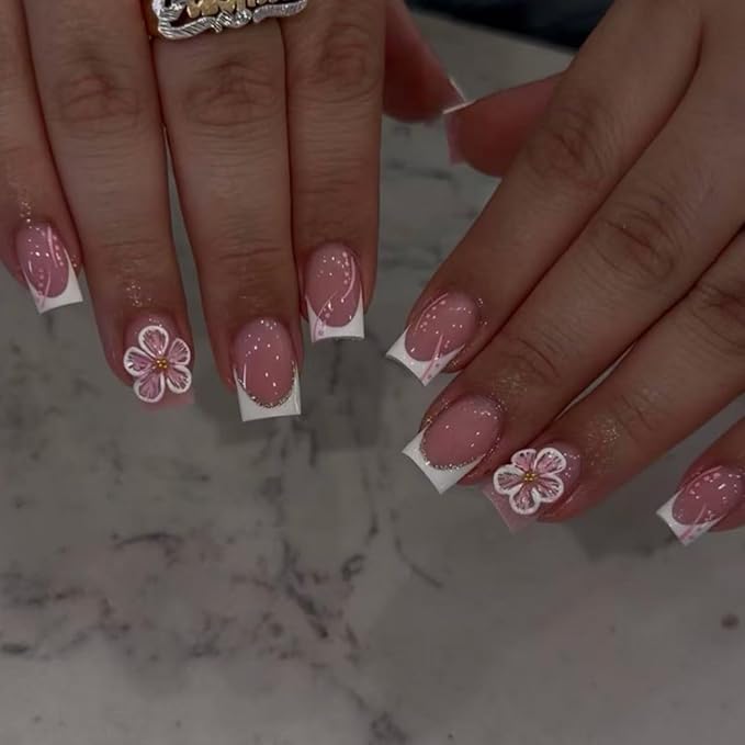 Square Press on Nails Short - White French Tip Fake Nails with Flower Design - Cute, Summer False Nails for Women 24 Pcs