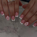 Square Press on Nails Short - White French Tip Fake Nails with Flower Design - Cute, Summer False Nails for Women 24 Pcs