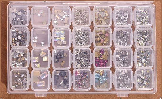 28 Cells Rhinestones for Nails Sets Mix Sizes AB Nail Rhinestones Multi Shapes Crystals for Nails Non Hotfix Colorful Nail Gems Stone With Plastic Nail Rhinestone Bead Storage Box