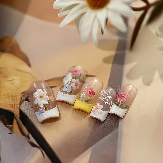 1 Sheets Cute Spring Flower Nail Decals for Nail Art Embossed Small Flowers Leaf Nail Art Stickers 5D Self-Adhesive Spring Nail Design Decals Blue Yellow White Pink Floral Nail Stickers for Women