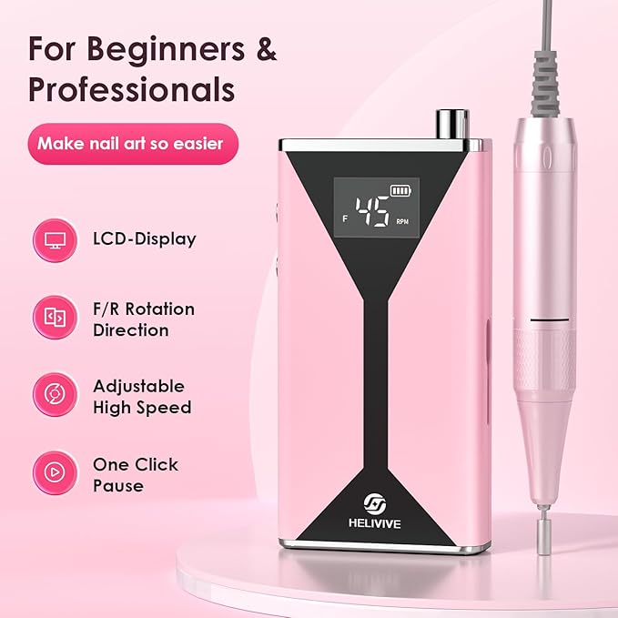 Professional Electric Nail Drill 45000RPM (Portable & Rechargeable) (with 11 Drill Bits ) Cordless Nail File Machine for Shaping, Polishing & Removing Gel Nails for Salon Home (Pink)