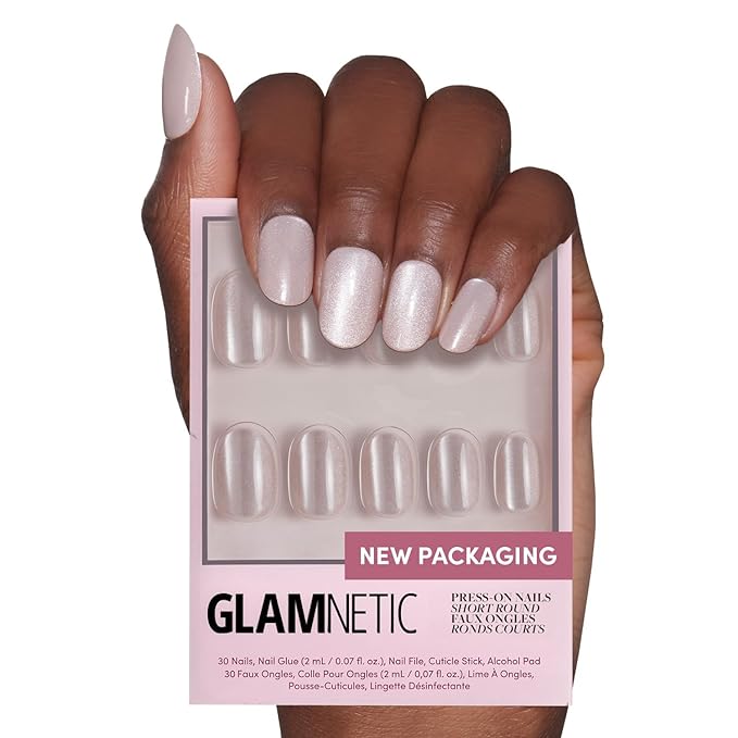 Glamnetic Press On Nails - Pure Intentions Fake Nails | Glossy, Semi-Transparent, Short Round Nails, Salon Quality | 12 Sizes - 30 Nail Kit with Glue