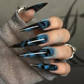 Halloween Fake Nail - Gothic Press on Nails | Long Stiletto False Nails with Blue Butterfly Designs,Full Cover Glossy Acrylic Nails,Stick on Nails for Women Girls Halloween Manicure 24Pcs