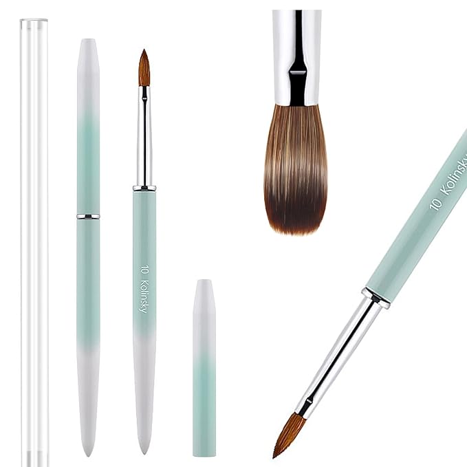 100% Pure Kolinsky Acrylic Nail Brush Size 10, Hair Acrylic Crystal Ombre White Green with Silver Ferrule Round Shaped for Women Girls Manicure Tools Accessories