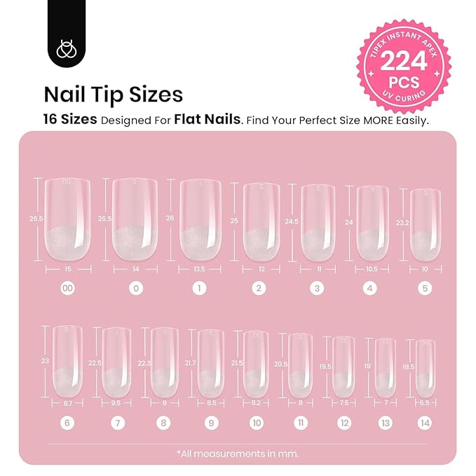 Beetles Tipex Nail Tips Kit Square Medium, 224Pcs 16 Sizes,Pre-building Pre-Etched Strong Thicker Acrylic Tips with Mini U V Lamp Tipex Nail Glue