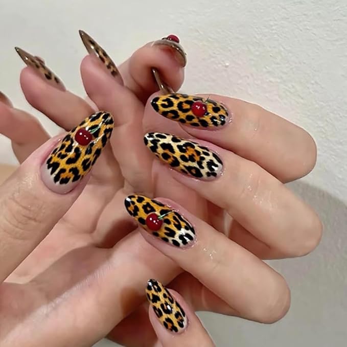 Leopard Press on Nails Short Almond Fake Nails Yellow Nails Press ons with Leopard Print & Cherry Designs Glossy Acrylic Full Cover Stick on Nail for Women Girls Manicure 24Pcs