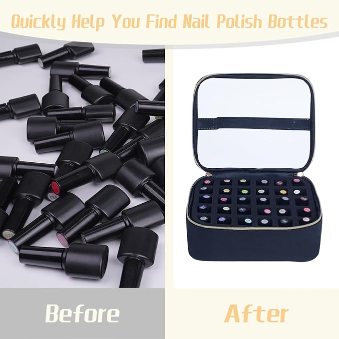 Small Clear Nail Polish Case Holds 30 bottles(15ml-0.5fl.oz) Nail Polish Organizer Multifunctional Nail Polish Bag organizer, Cosmetic Travel Makeup Cases for Women, Black
