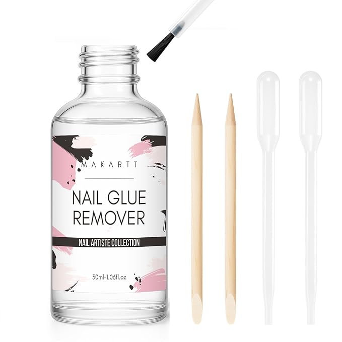 Makartt Press On Nail Glue Remover: Fast and Easy Adhesive Remover for Fake Nails Tips & Glue Off, Hema-Free Debonder Nail Remover Serum with 2 Dropper Applicators and 2 Cuticle Sticks, 30ml
