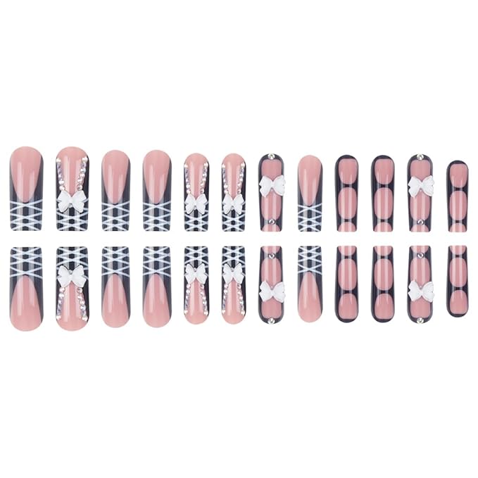 Square Press on Nails Long Black Fake Nail 3D Bow and Rhinestones Acrylic Nail Press ons Stripes Stick on Nail for Women 24pcs