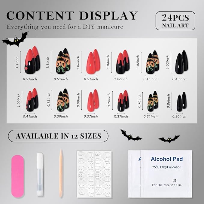 Halloween Press on Nails Medium Almond with Horror Design, Medium Almond Red Black Artificial Fake Nails with Ghost Pumpkin Designs, Perfectly Fit Soft Gel Full Cover Glossy Stick on Nail for Women
