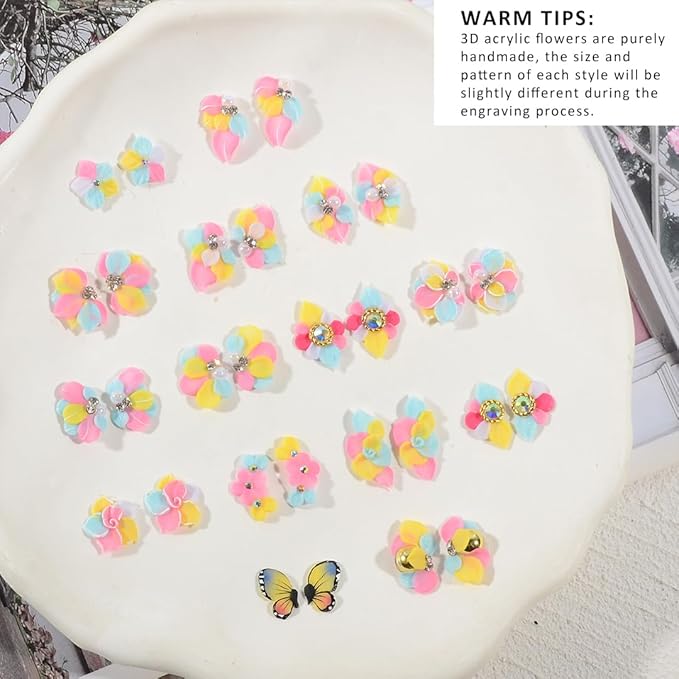 30PCS 3D Handmade Flower Nail Art Charms Advanced Handcrafted Cherry Blossom Flower Colorful Sculpted Floral Nails with Rhinestone Caviar Beads Design for Women Profession Nail Art Craft Jewelry