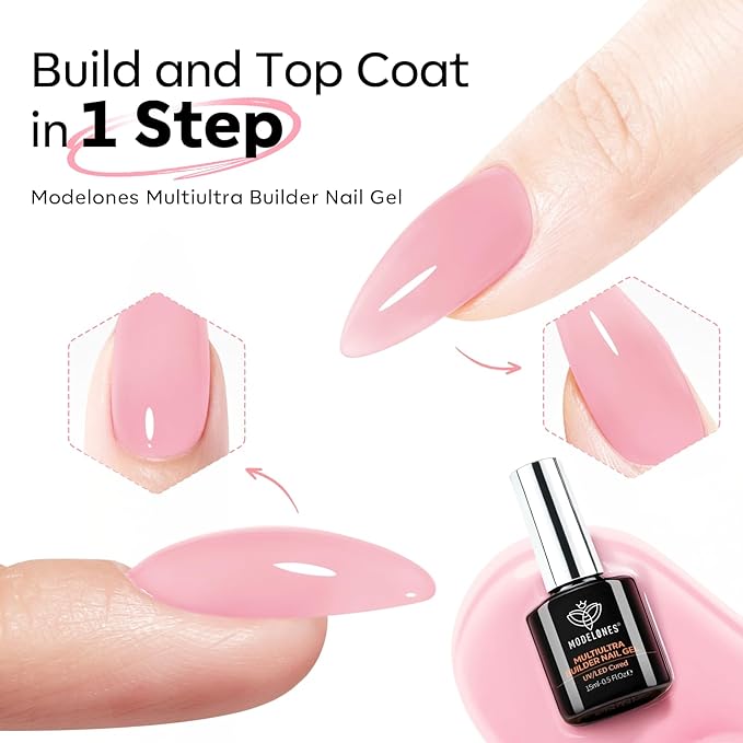 modelones Builder Nail Gel, Sheer Pink Builder for Nails No Top Coat Needed, Glossy Jelly Finish Light Pink, C-Curve Sculpting, No-Wipe, 9-in-One LED Lamp Cured Color Rubber Base Gel Polish