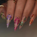 MISUD Press on Nails - Long Stiletto Fake Nails with Gold Chrome, Acrylic Colorful Flower Design 24 pcs