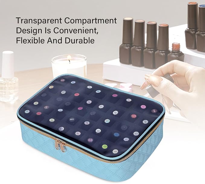 Nail Polish Bag organizer-Holds 40 bottles(15ml-0.5fl.oz)，Nail Polish Carrying Case Clear Multifunctional Cosmetic Travel Cases Makeup Bags Sky Blue