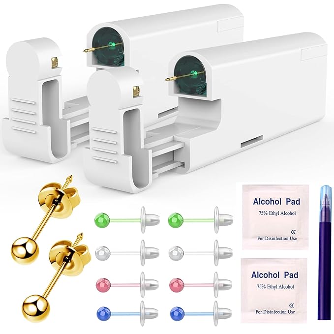 KAIQIKAIXI 18Pcs Ear Piercing Kit Automatic And Painless Ear Nail Gun Disposable Aseptic Household Ear Piercing Gun Portable Ear Piercing Gun Group Ear Piercing Tools (3mm, Golden)