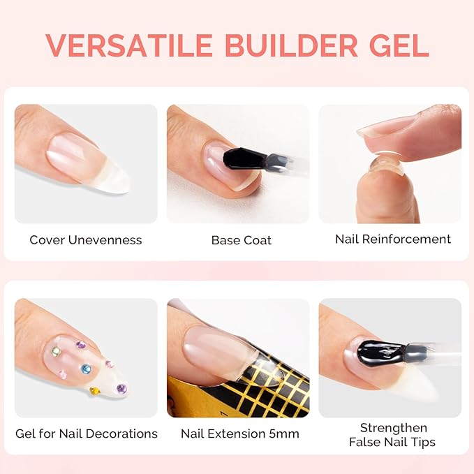 MelodySusie 2PCS 15ML Clear Nude Pink Builder Nail Base Gel for Nails Thickening,Soak Off UV Extension Gel,Rhinestone Glue in a Bottle for Nail Art Design Gift for Women Salon DIY Manicure at Home