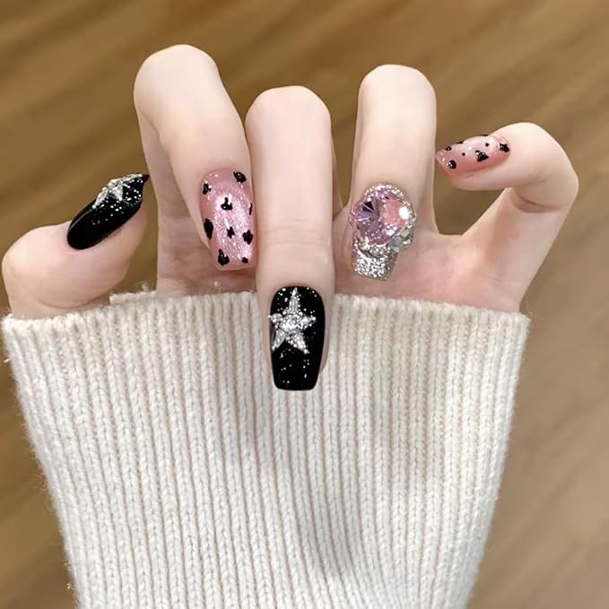 10Pcs(1Pack) Handmade Press On Nails 3D Flower Nails Cute Catoon Giggly Nails for Women Party Holiday Daily Wear Size L