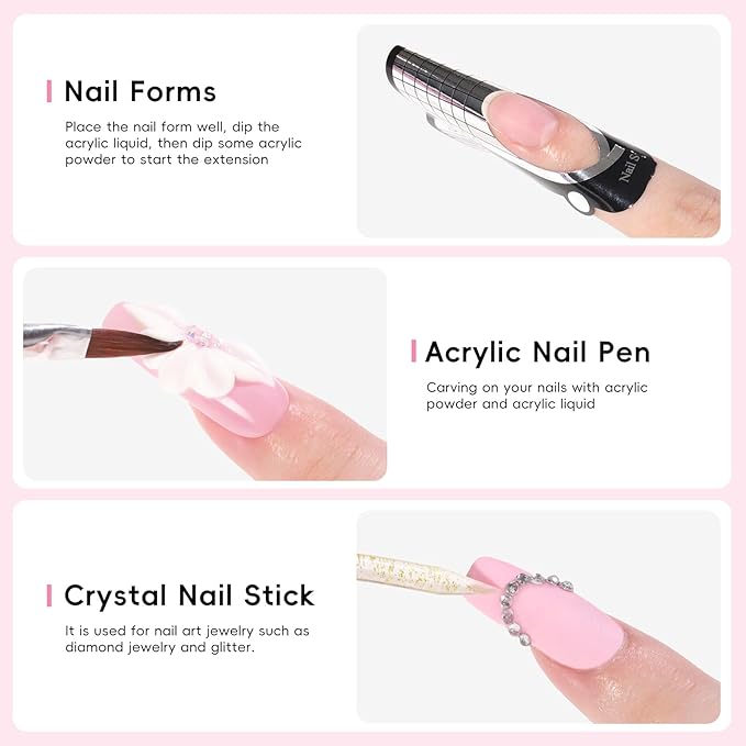 Peacecolor Acrylic Nail Kit ,Clear White Pink 15g Acrylic Powder and 60ml Liquid Set Brush Forms Cuticle Oil Pen Tools Manicure Nails Kit Acrylics Set for Beginners Gifts DIY Salon Home