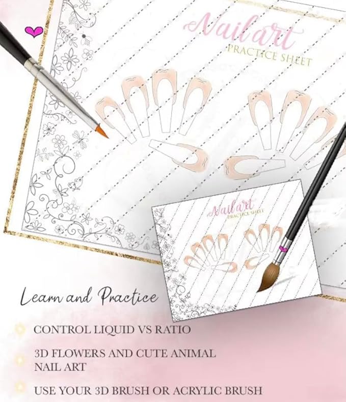 Gel & Acrylic Nail art Practice Sheet,Reusable Nail Art Training mat DIY Sticker Stencil Guide French Tip stiletto Nail Sculpting 3D Nail Design Worksheet Nail Tech Practice Gel X acrylic nails (12)