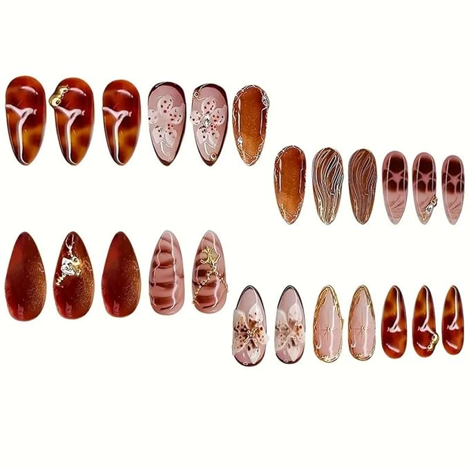 Medium Almond Press on Nails Brown Fake Nails Floral Artificial Nail with Gold Charm Designs Glitter Stick on Nail for Women 24pcs