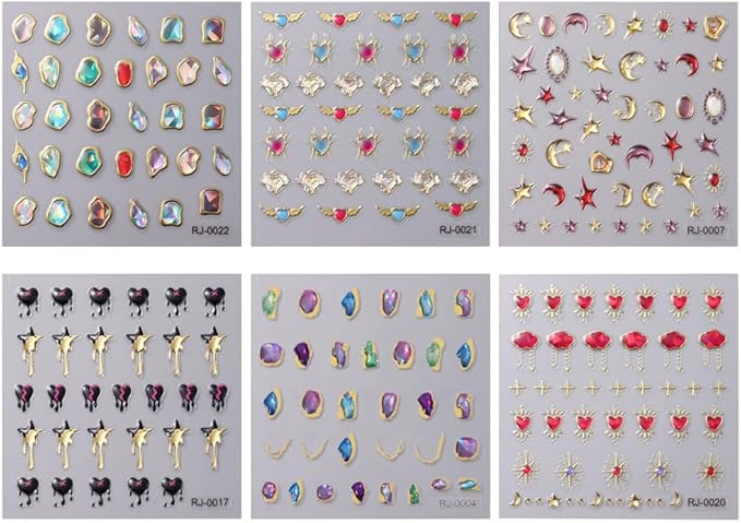6Sheets 5D Embossed Stickers, Crystal Soft Glue Irregular Gems, Geometric Frame Art Stickers, Jelly Rhinestones Heart Star Decals, Moon Sun Cloud Nail Designs
