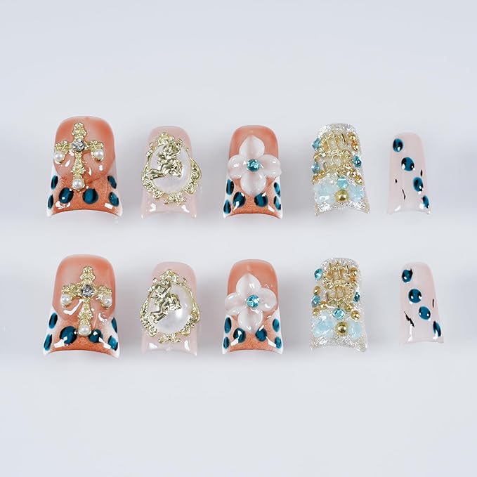 Handmade Press on Nails Short Duck, Luxury 3D Charms - Vintage Baroque Angel & Cross Design, Reusable Thick Acrylic for Nail Art (Angel's Realm, M)