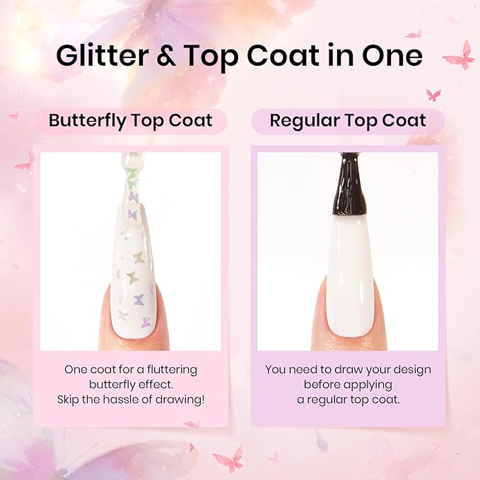 Beetles Butterfly Gel Top Coat 15ml - Floral Sprite Pink Butterfly Glitter Shine No Wipe Top Coat Long-Lasting for Gel Polish Sparkle Soak Off UV LED for Women