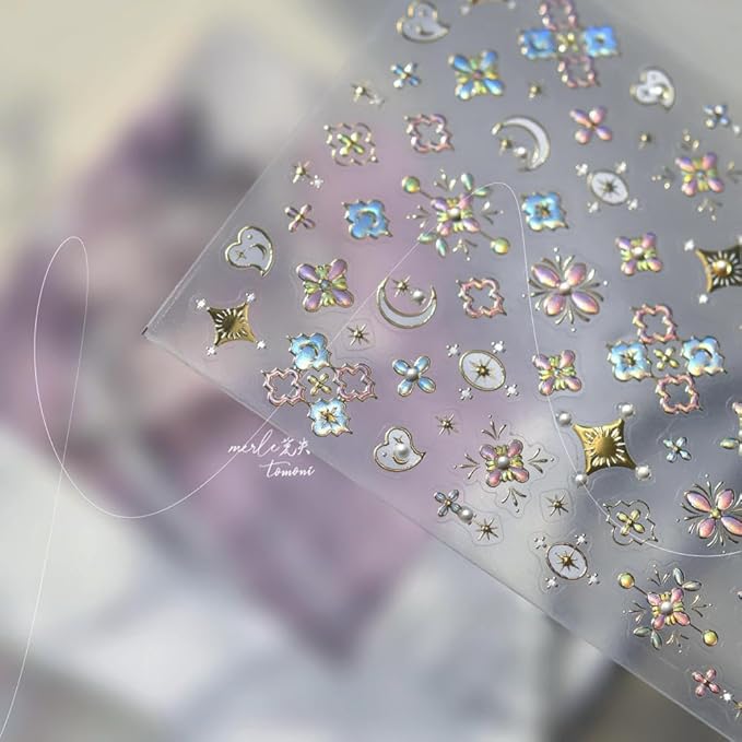 Star Nail Stickers 3D Self-Adhesive Silver Moon Nail Decals 5D Embossed Pink Star Nail Supplies Bohemia Nails Designs Chinese Style Nails Manicure Accessories for Women 1 Sheet