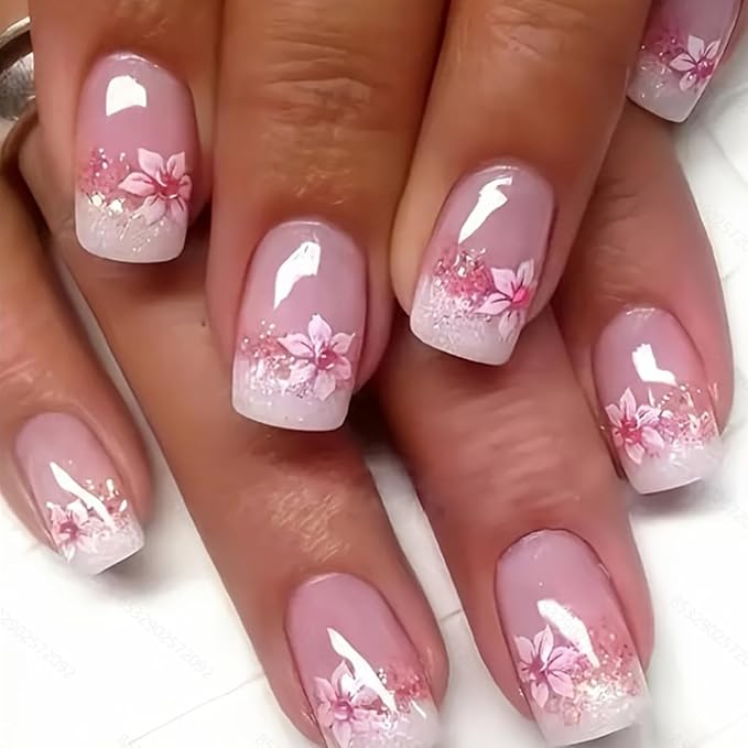 6 Packs (144 Pcs) Short Press on Nails Square Fake Nails Flower Press on Nails Summer Spring Acrylic Glue on Nails Full Cover Cute False Nail Tips Stick on Nail for Women Manicure 12 Size - 6 Style