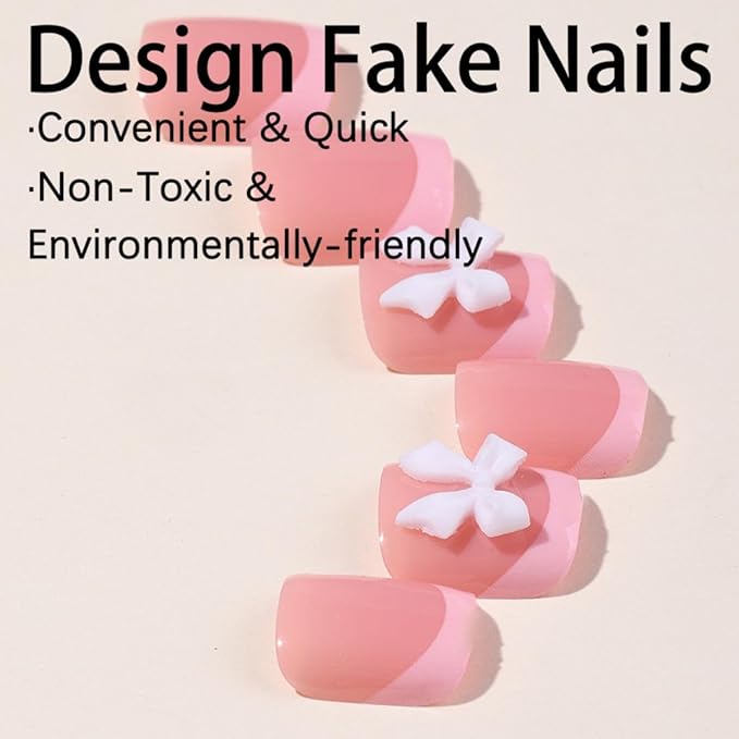 Pink French Tip Press On Toenails Short Square Fake Toes with 3D Bow Charms Design Rhinestone Glue on Toe Nails Shiny Bling Summer False Toenails Reusable for Women Girls Foot Manicure 24pcs