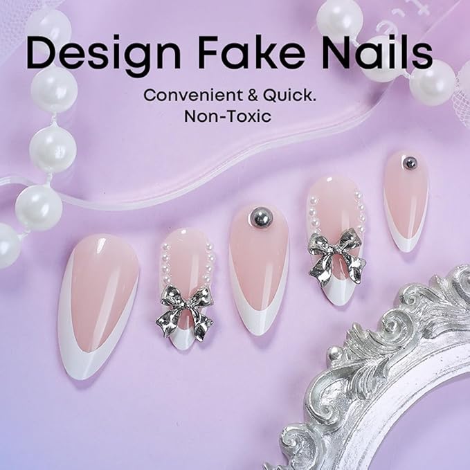 White French Tip Press on Nails Medium - Almond Fake Nails with Silver Bow Design - Glossy Full Cover Stick on False Nails for Women 24 Pcs