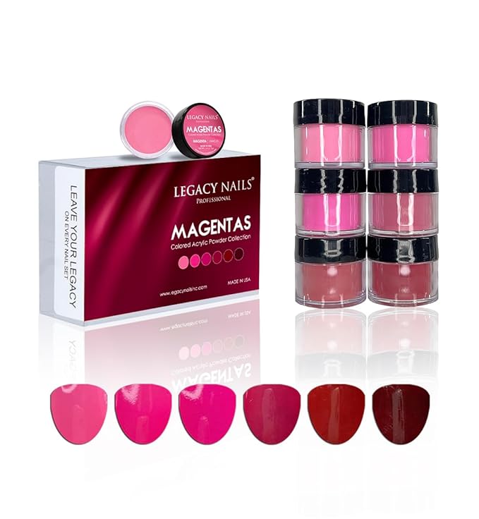 Legacy Nails Professional COLLECTION Acrylic Powder Kit 6 Colors Nail Art Set for Manicure DIY for Dip & Acrylic Nail Extensions (MAGENTAS COLLECTION)