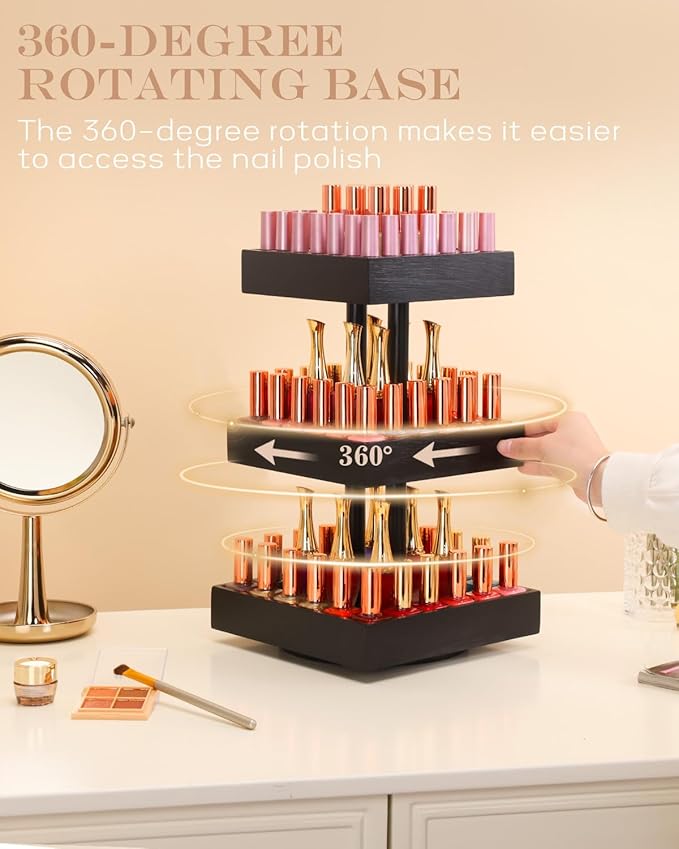Homde Nail Polish Organizer for 86-123 Bottles, 360 Rotating Nail Polish Rack Holder, Display Storage Shelf for Fingernail Stand and Essential Oil, Gifts for Women Girls- Bamboo,Black