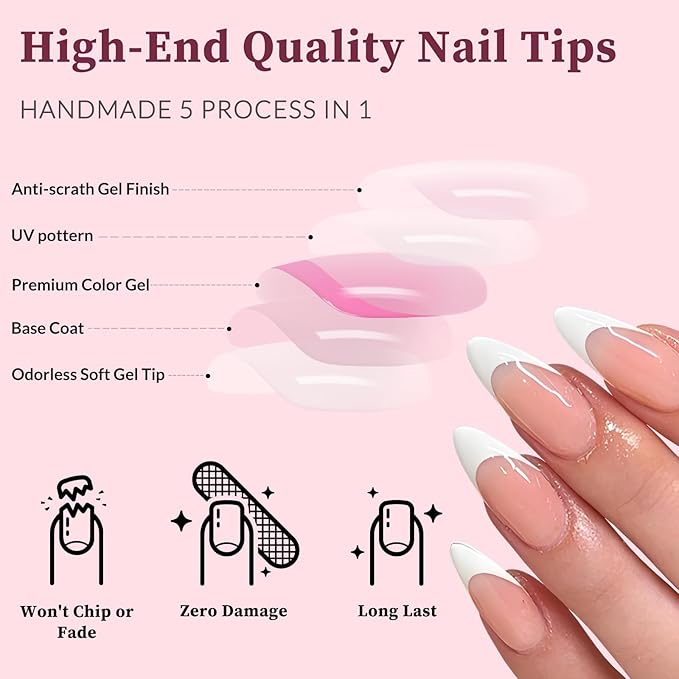 120PC White French Tip Press on Nails Medium Fake Nails Press ons with 5*Adhesive Tabs, Pink Almond Acrylic Nail Press on Nail French Tip Nails False Artificial Fingernails Stick on Nails-K