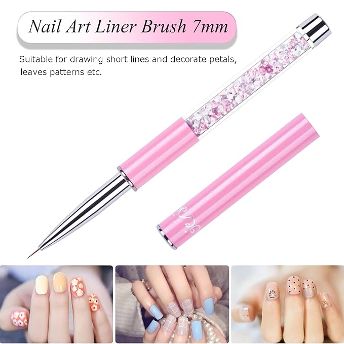 3-Piece Nail Art Brush Set - Rhinestone-Handled Gel Polish & Liner Brushes, 7&15 mm, for Salon & Home DIY Manicure (Pink)