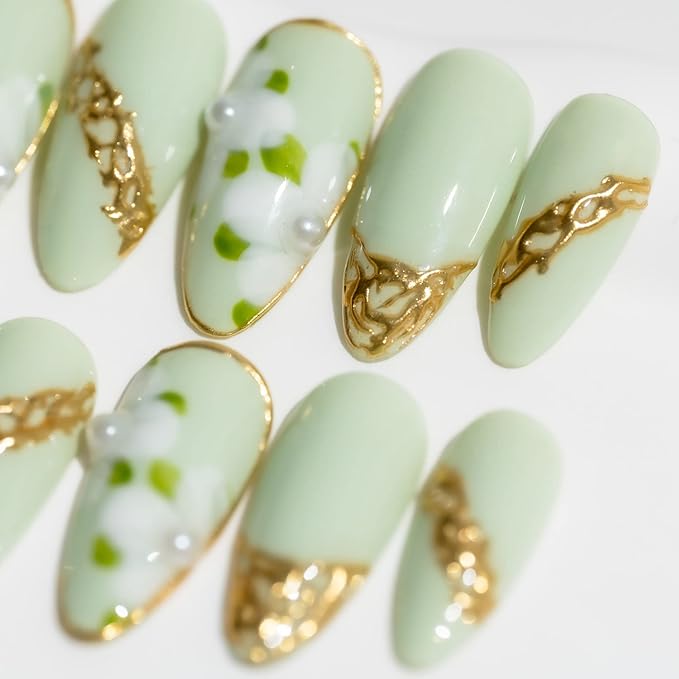 Sun&Beam Nails Handmade Medium Long Almond Green False Nail Tips with Cute 3D Pearl Popular Charm Design Press On Nails 10 Pcs (#78 M) (FN-HM-078-M.AU)