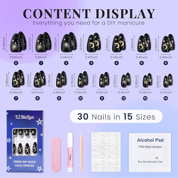 Black Star Moon Press on Nails, Long Almond Acrylic Fake Nails Design, Natural Reusable Glue-On Nails Kit for Women DIY 3D False Nail Art Decoration Gift, Salon Quality Reusable 15/30 Psc